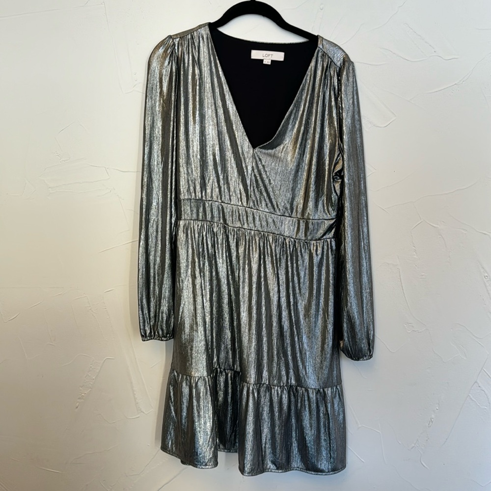 Loft Silver Metallic Midi Empire Waist Dress